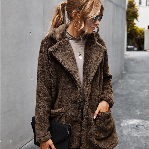 Warm khaki comfy button pocket teddy jacket coat - Picture 4 of 12